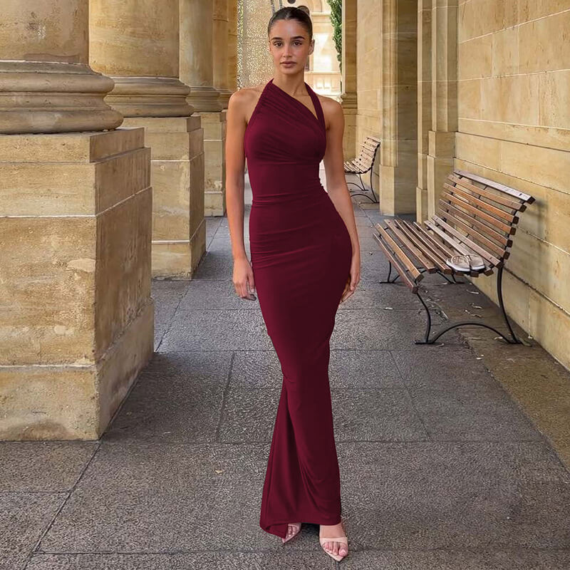 Halter Backless Ruched Maxi Dress