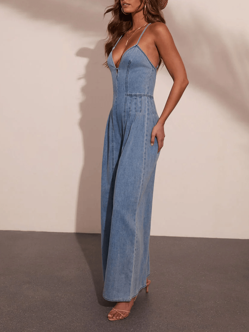 Denim Backless Wide-Leg Jumpsuit