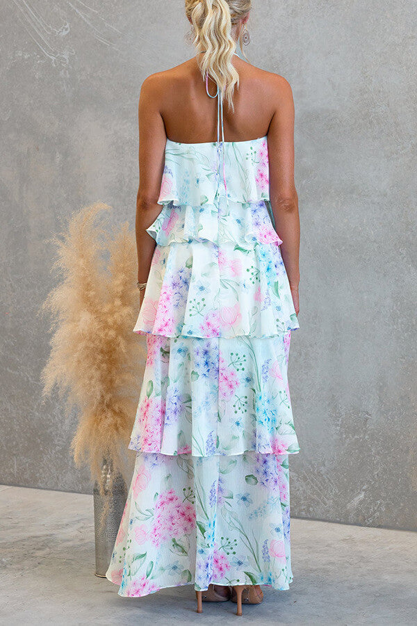 Pink Floral Halter Tiered Maxi Dress