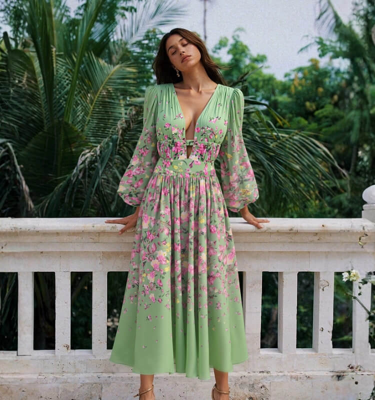 Green Floral Tie Halter Swimsuit Set