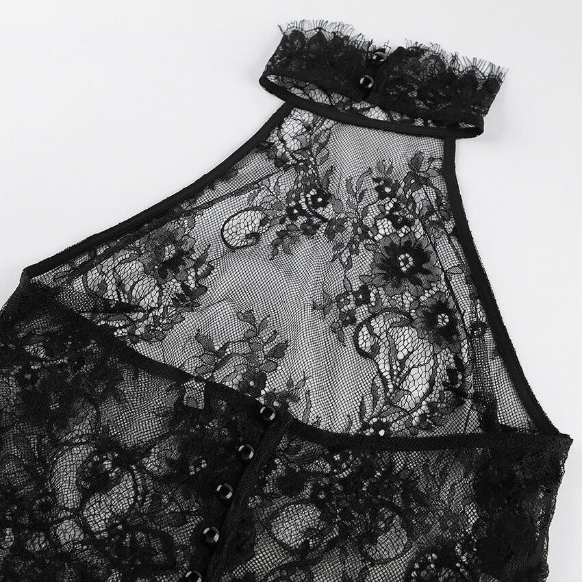 Black Lace Halter Satin Maxi Skirt Set