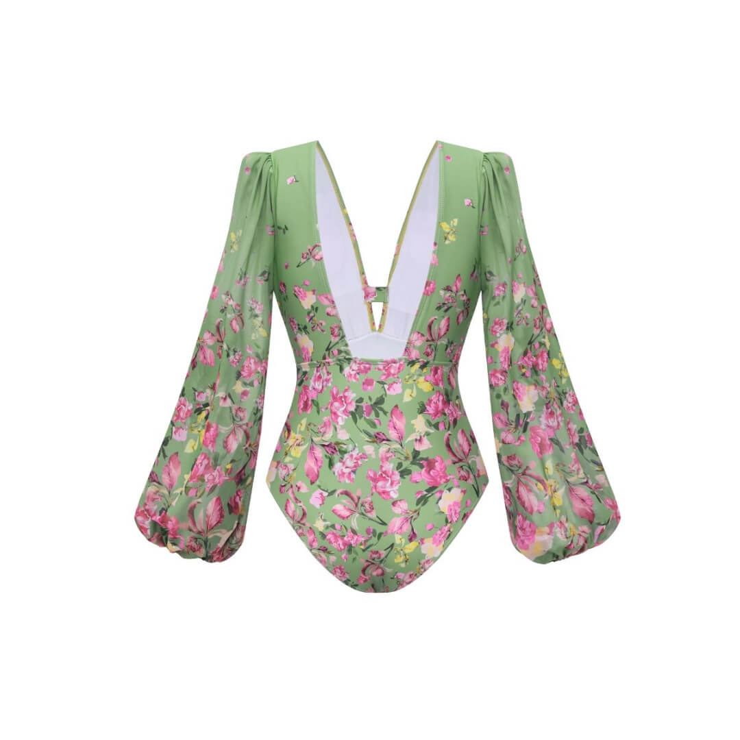 Green Floral Tie Halter Swimsuit Set