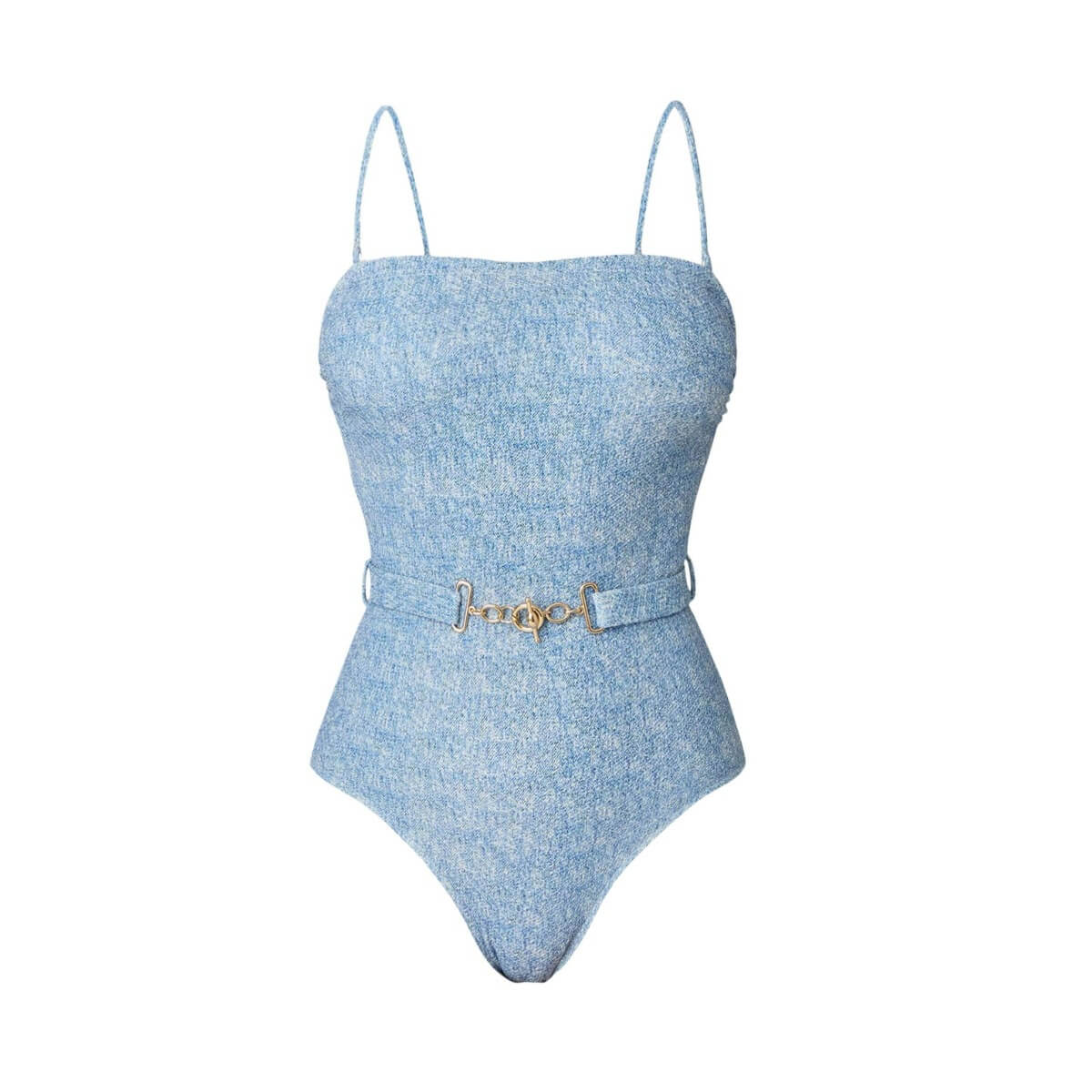 Denim-Print Halter Swimwear with Wrap Skirt