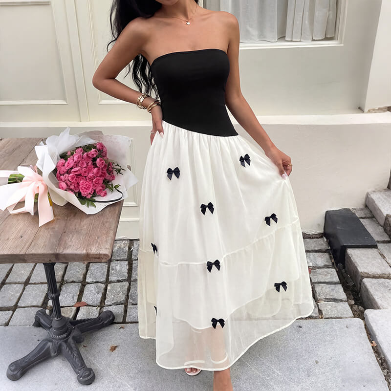 Black and White Strapless Bow Maxi Dress
