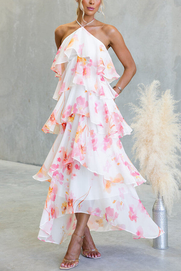 Pink Floral Halter Tiered Maxi Dress