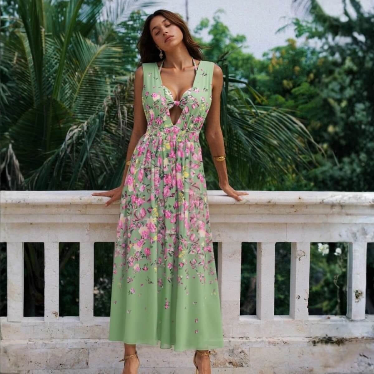 Green Floral Tie Halter Swimsuit Set