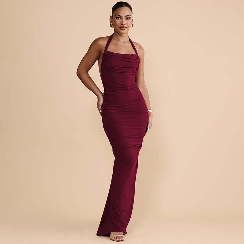Halter Backless Ruched Maxi Dress