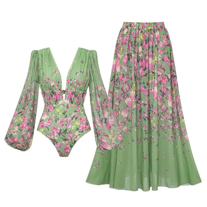 Green Floral Tie Halter Swimsuit Set