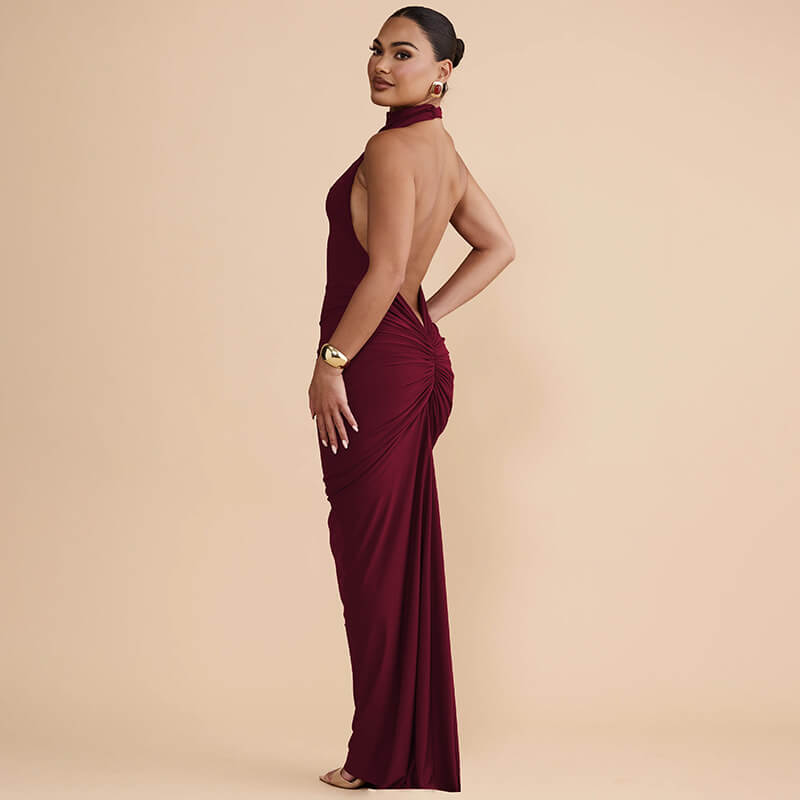 Halter Backless Ruched Maxi Dress