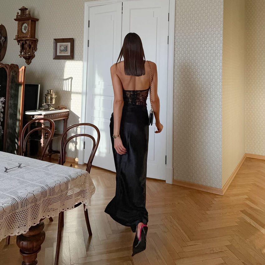 Black Lace Halter Satin Maxi Skirt Set