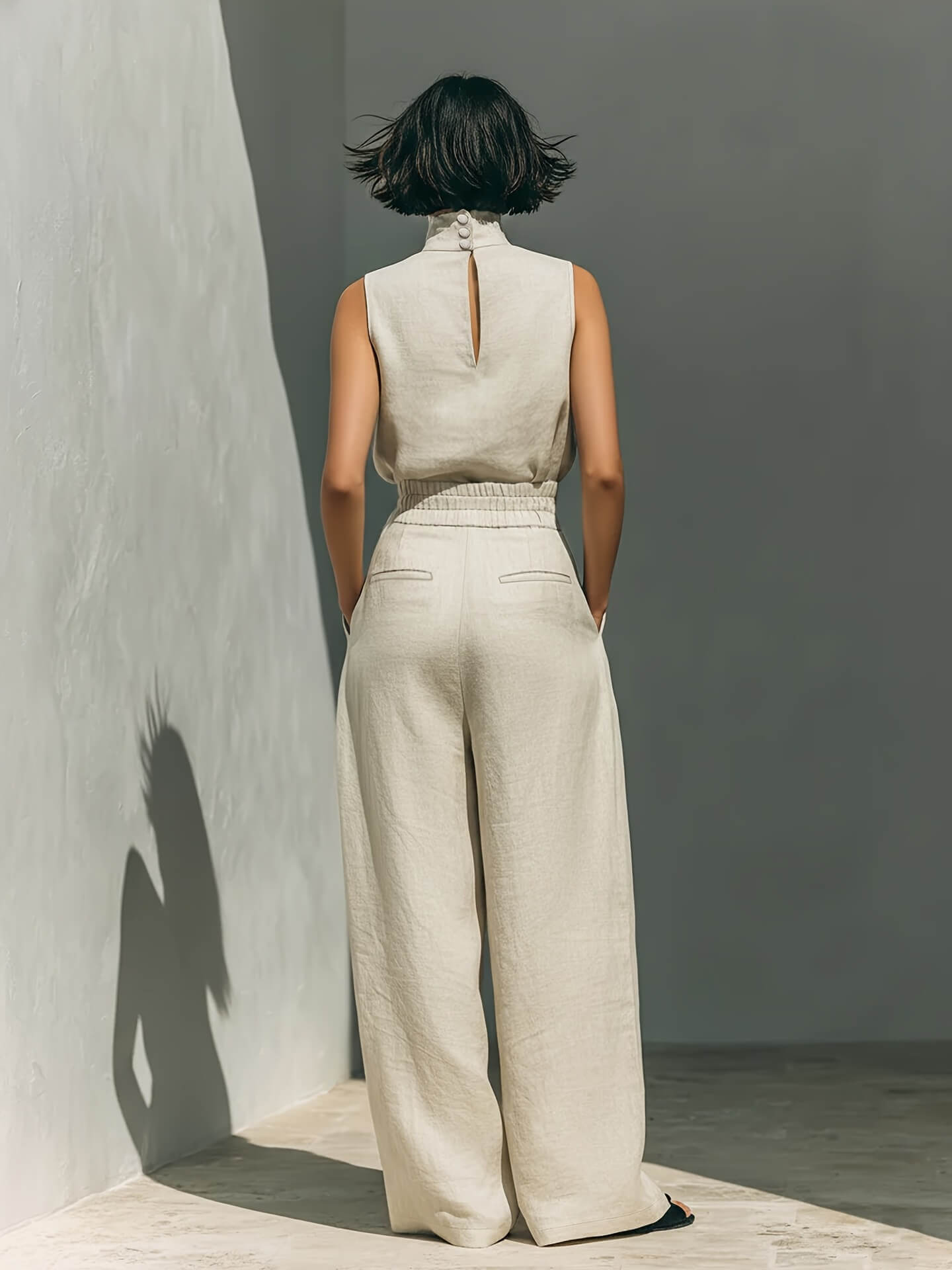 Cotton Stand-Collar Wide-Leg Trouser Set
