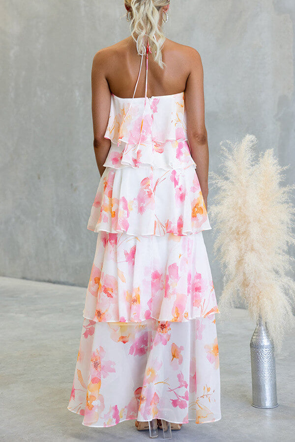 Pink Floral Halter Tiered Maxi Dress