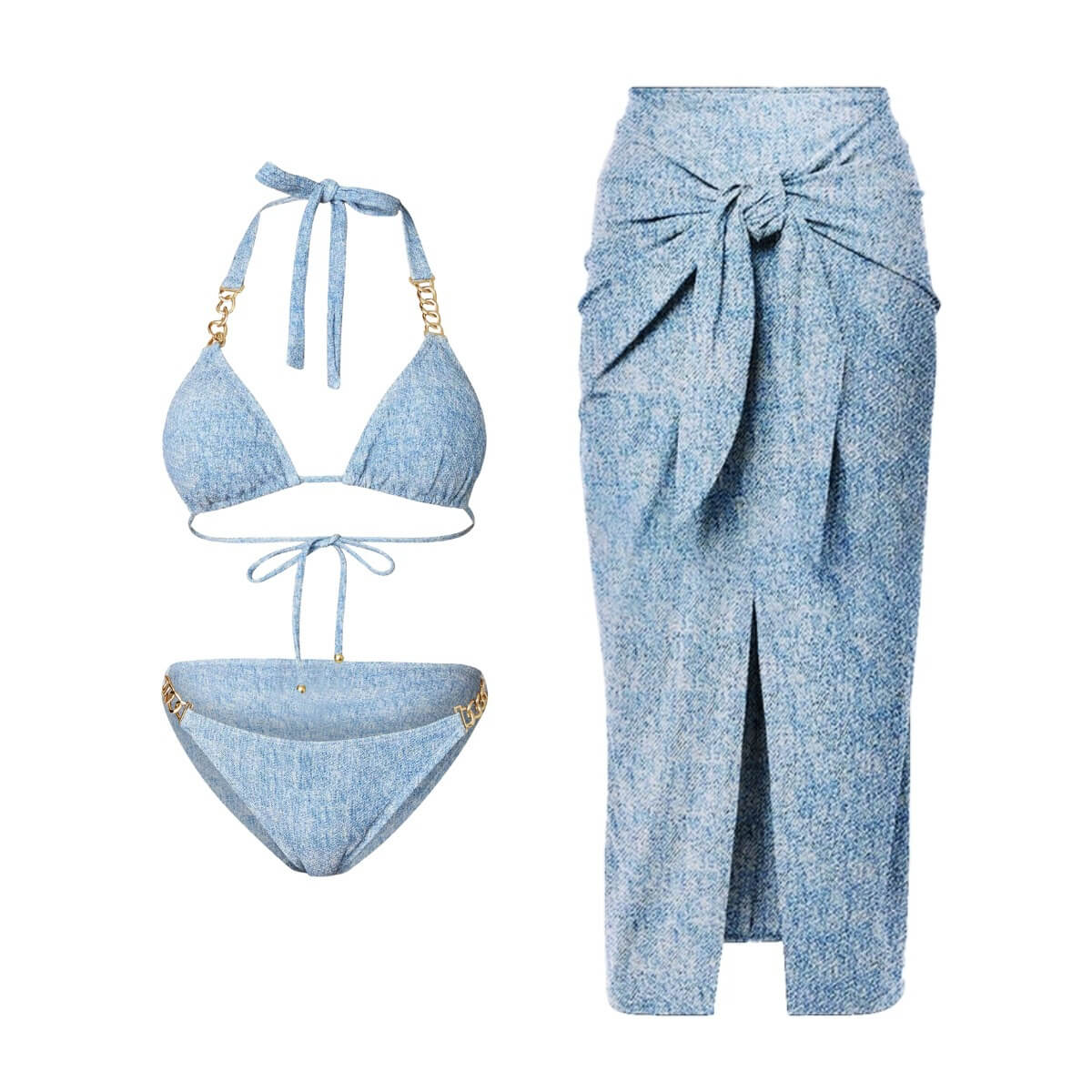 Denim-Print Halter Swimwear with Wrap Skirt