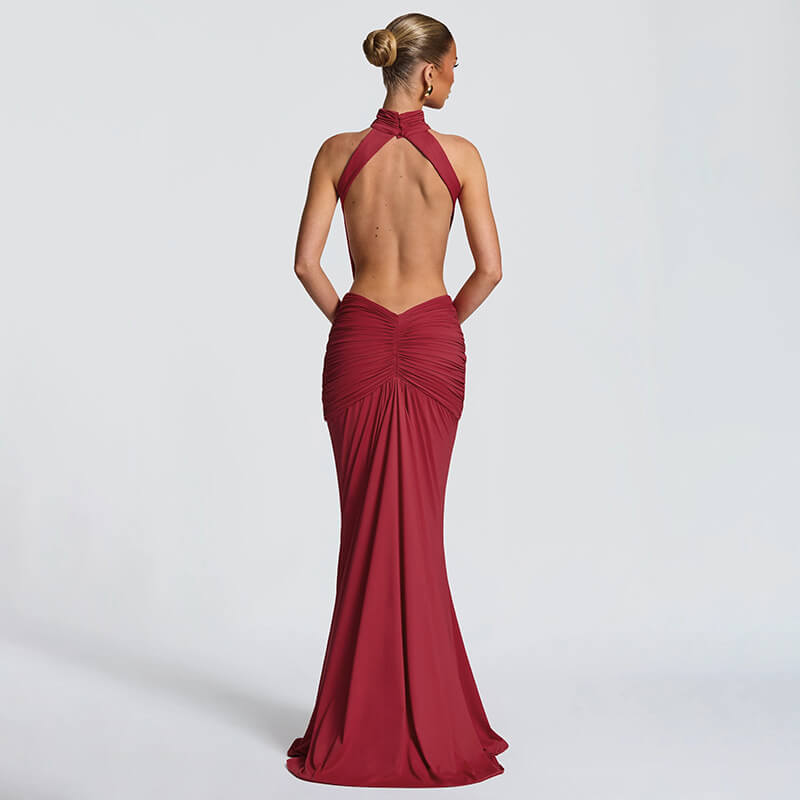 Stand Collar Backless Maxi Dress