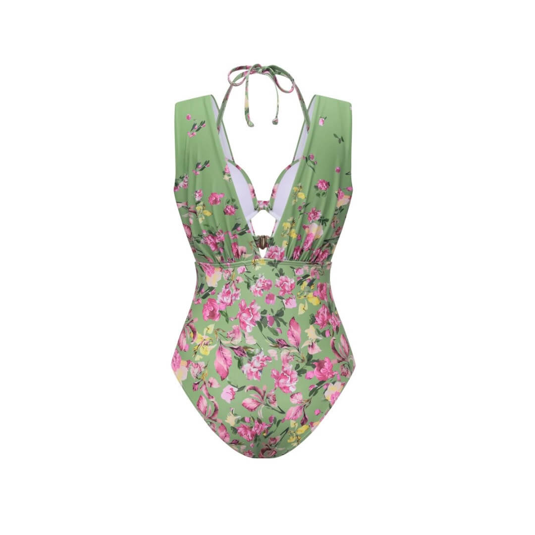 Green Floral Tie Halter Swimsuit Set