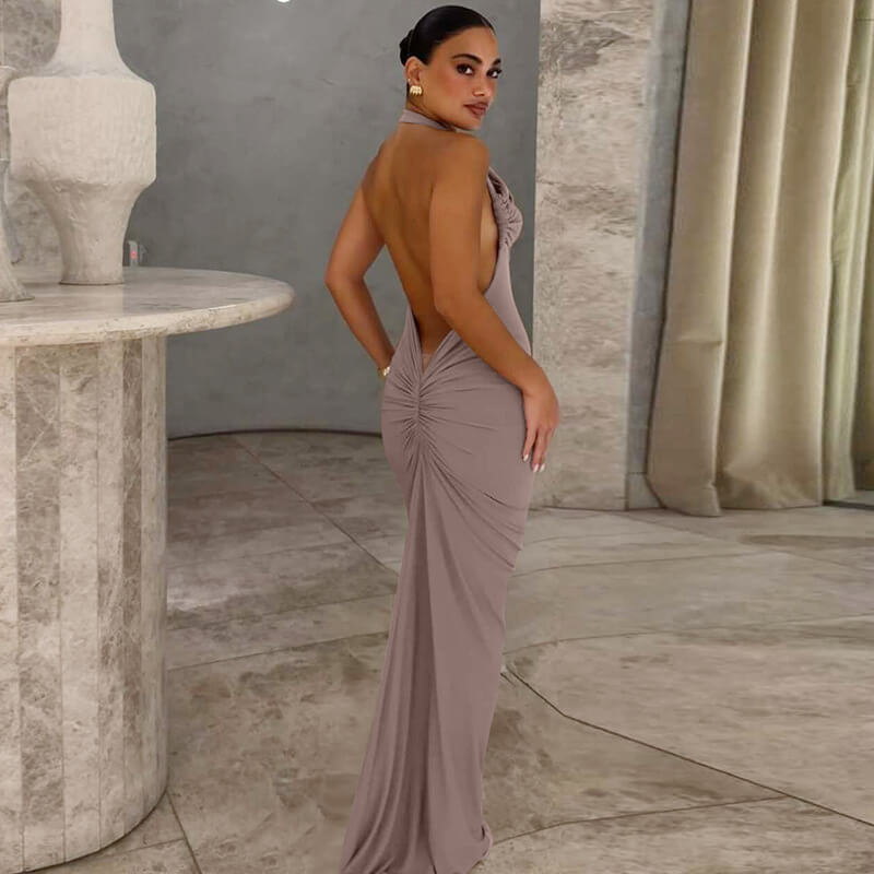Halter Backless Ruched Maxi Dress
