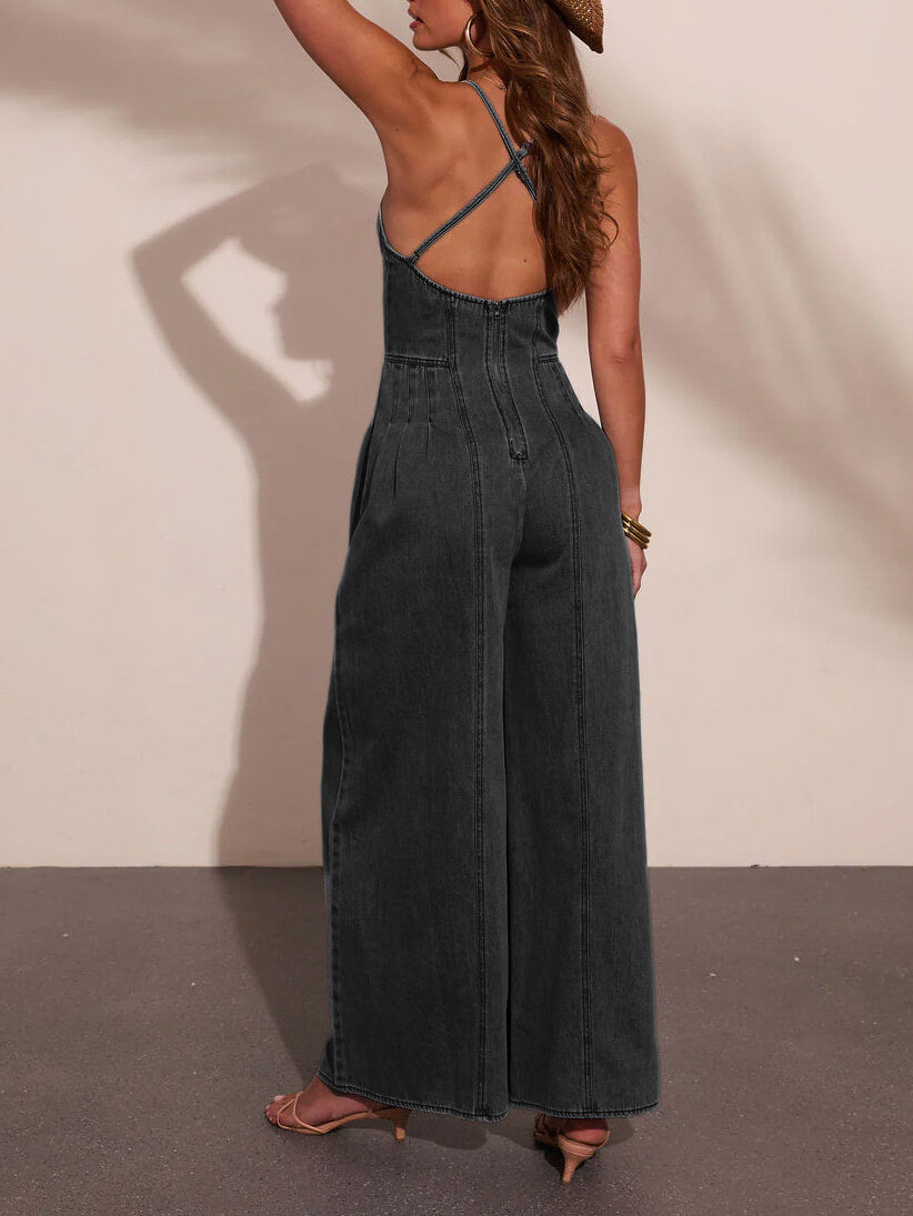 Denim Backless Wide-Leg Jumpsuit