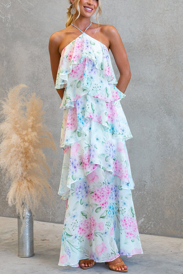 Pink Floral Halter Tiered Maxi Dress