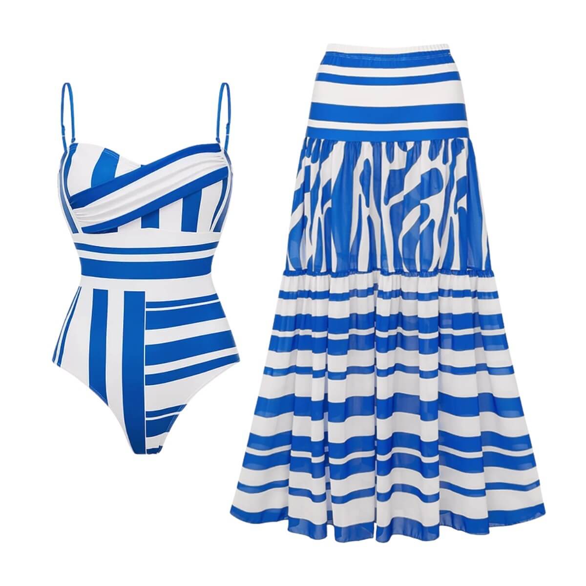 Blue & White Striped Swimsuit Skirt Set