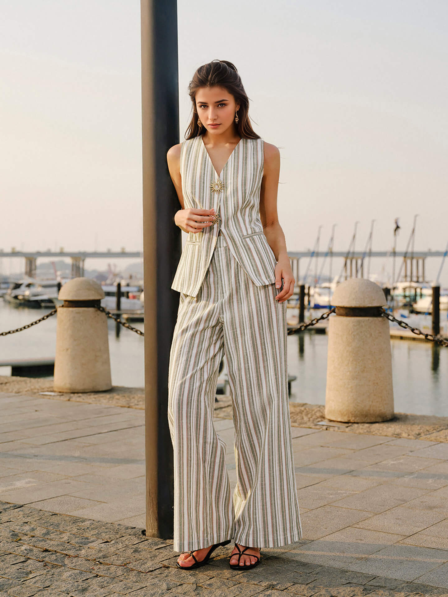 Striped Sleeveless Wide-Leg Trouser Set