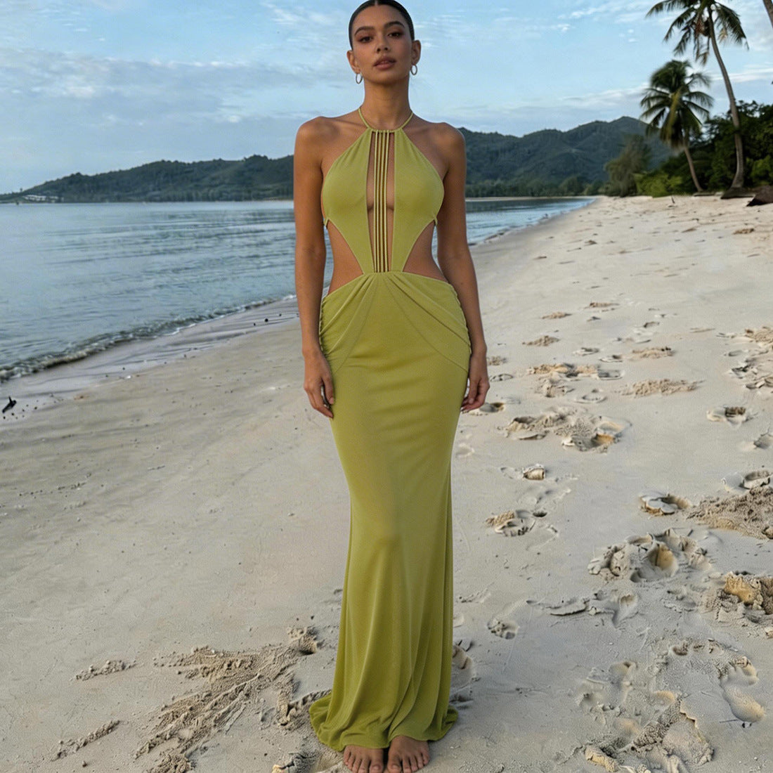 Mesh Halter Cut-Out Maxi Dress