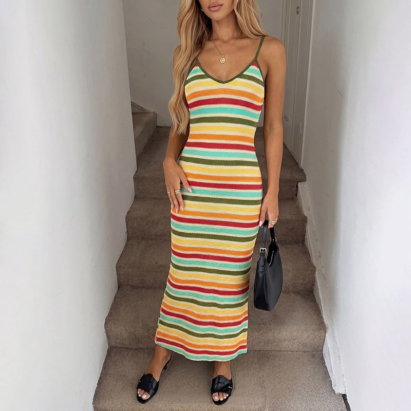 Retro Vacation Rainbow Striped Knitted Hip Spaghetti Straps Dress