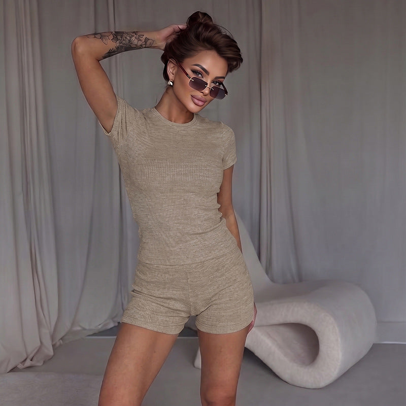 Summer Women Solid Color Pullover round Neck Waist Trimming Short Sleeve Top Comfortable Shorts Two Piece Sets