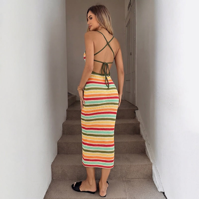 Retro Vacation Rainbow Striped Knitted Hip Spaghetti Straps Dress