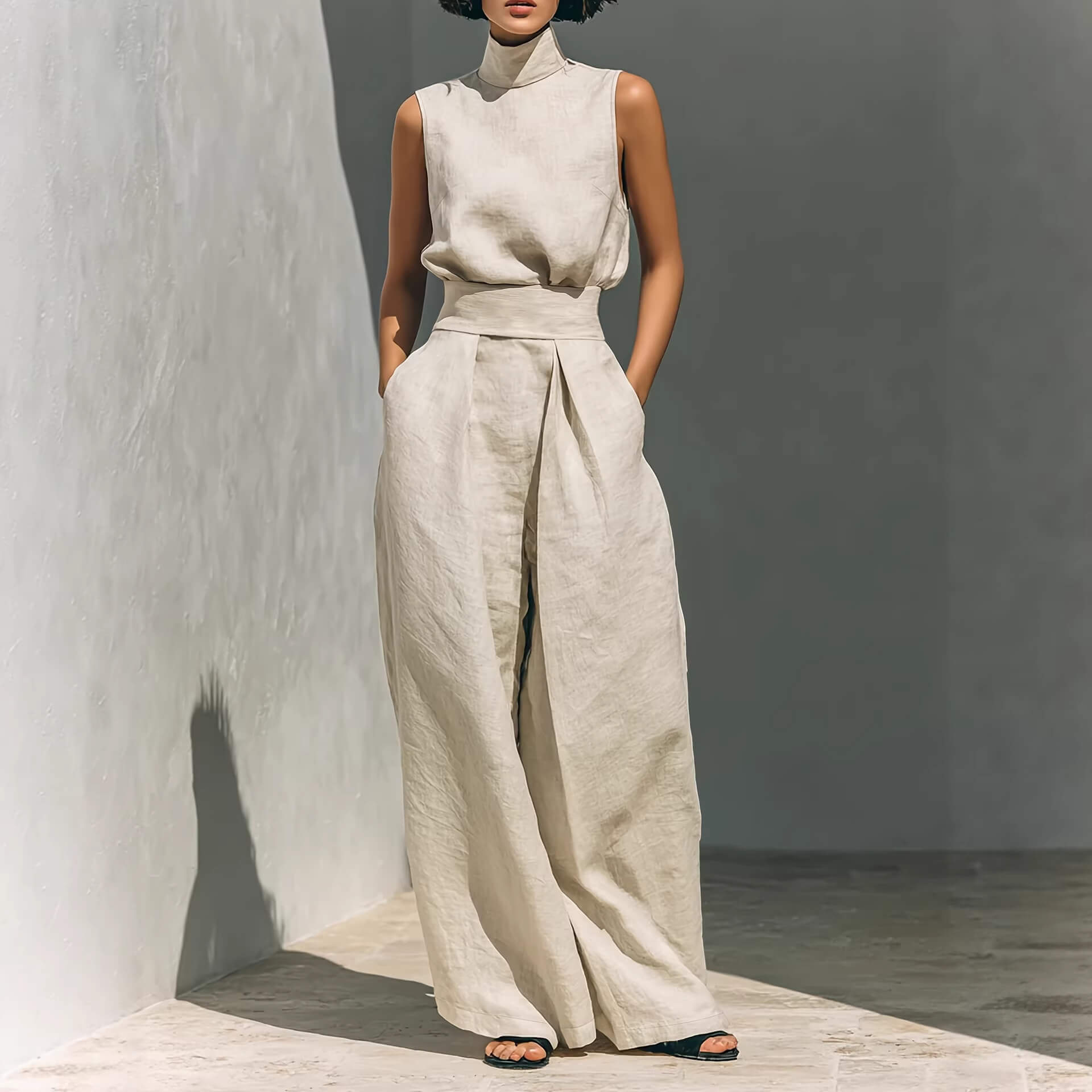 Cotton Stand-Collar Wide-Leg Trouser Set