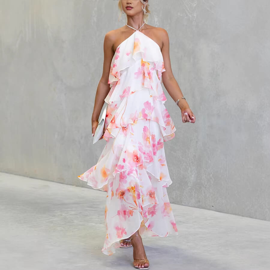 Pink Floral Halter Tiered Maxi Dress
