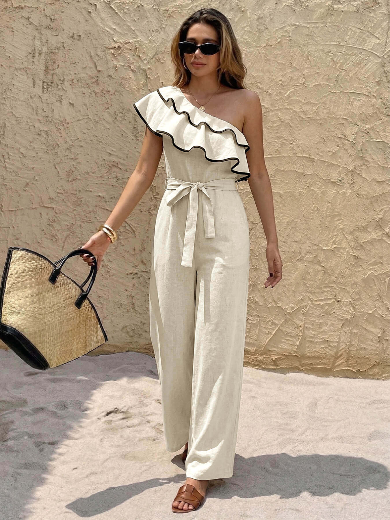 Beige One-Shoulder Ruffle Jumpsuit
