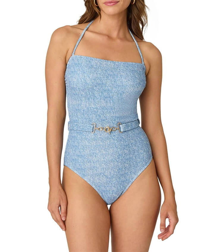 Denim-Print Halter Swimwear with Wrap Skirt
