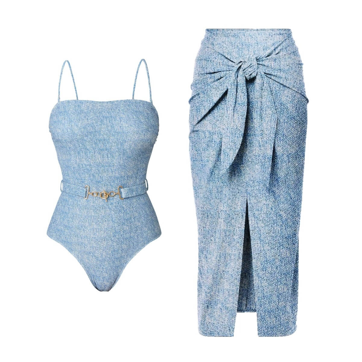 Denim-Print Halter Swimwear with Wrap Skirt