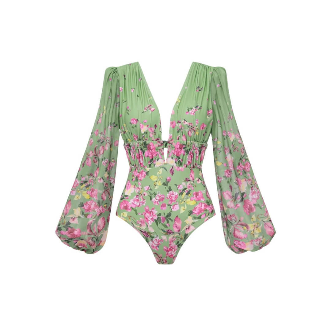Green Floral Tie Halter Swimsuit Set