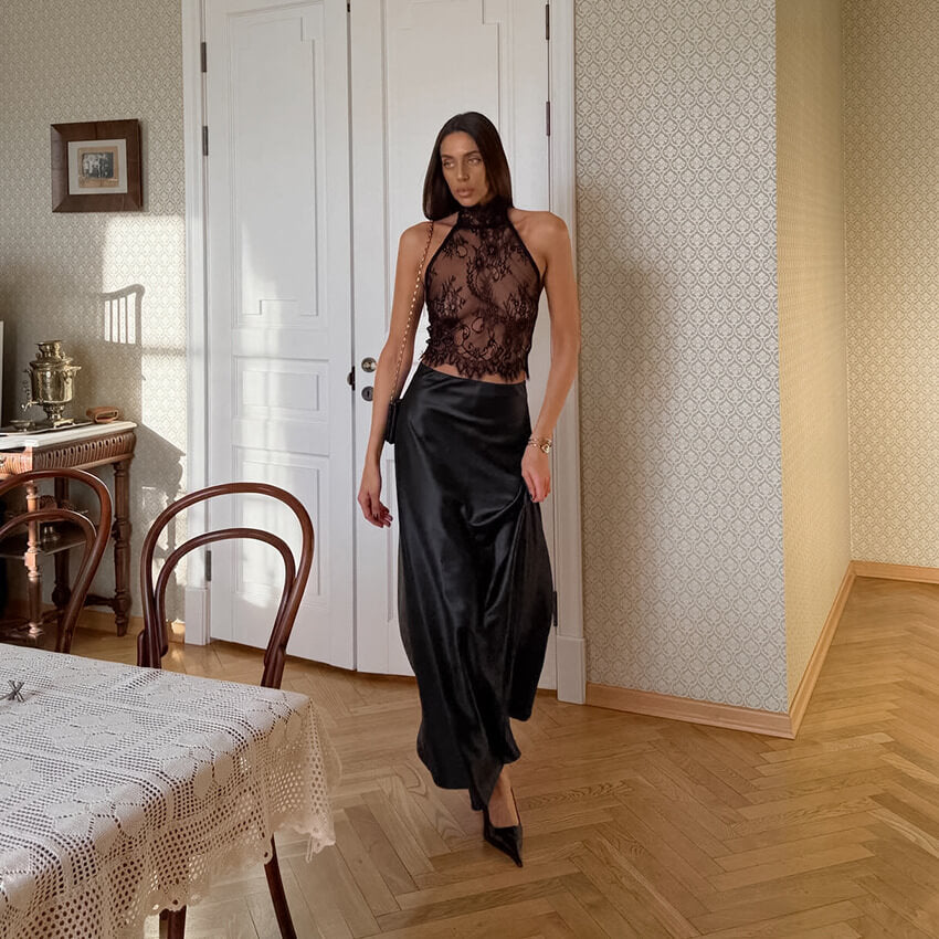 Black Lace Halter Satin Maxi Skirt Set