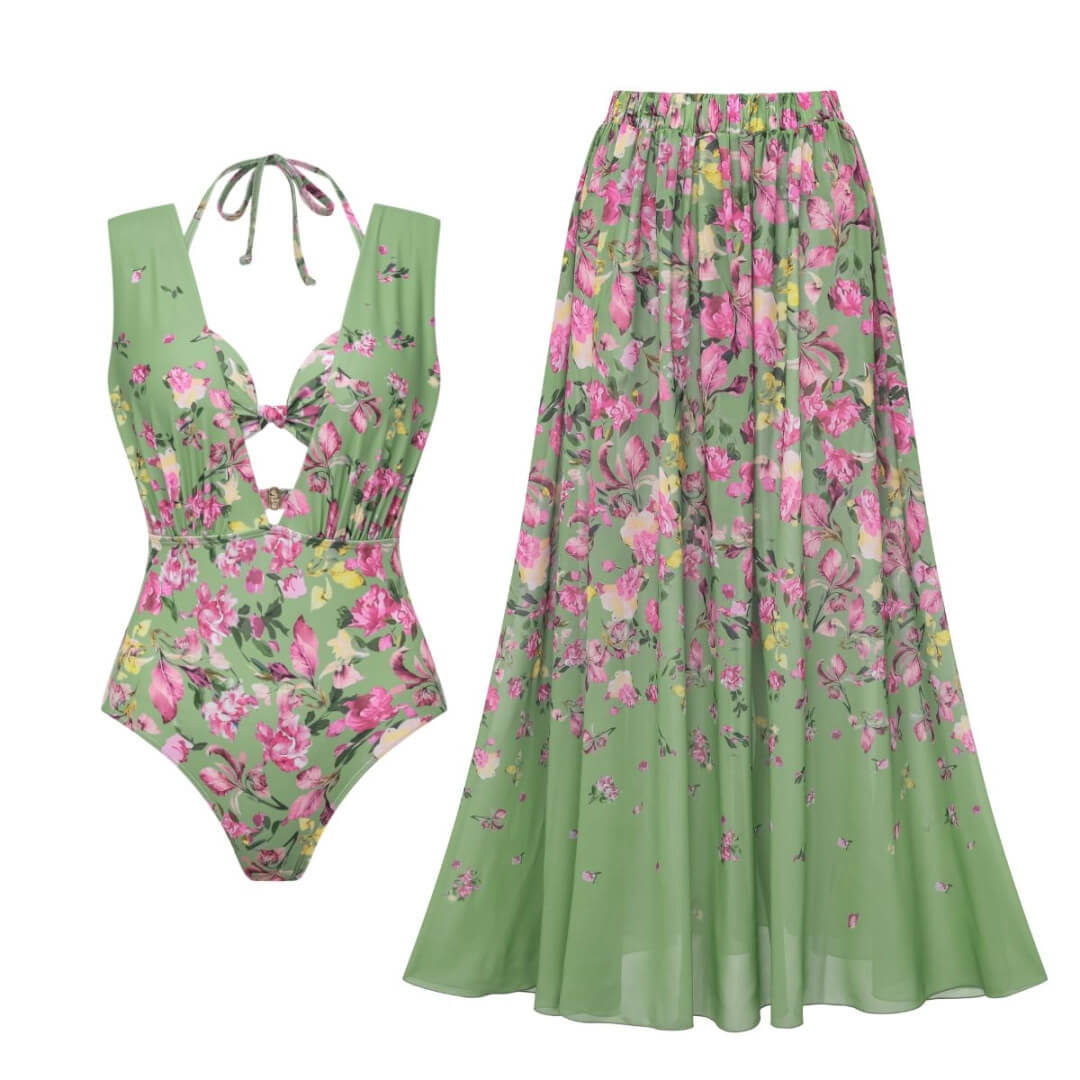 Green Floral Tie Halter Swimsuit Set