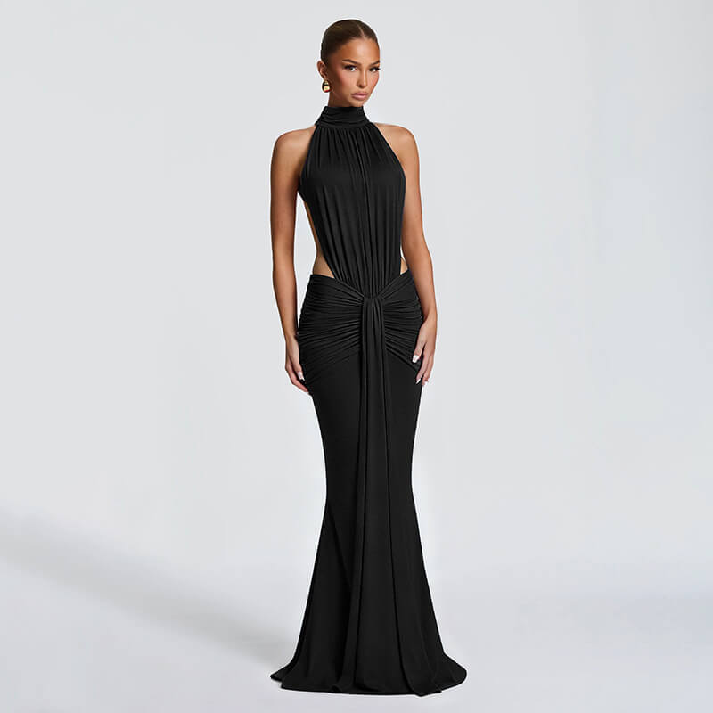 Stand Collar Backless Maxi Dress