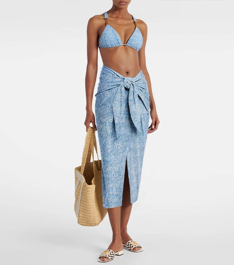 Denim-Print Halter Swimwear with Wrap Skirt