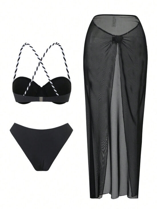 Lace-Up Three-Piece Bikini Set