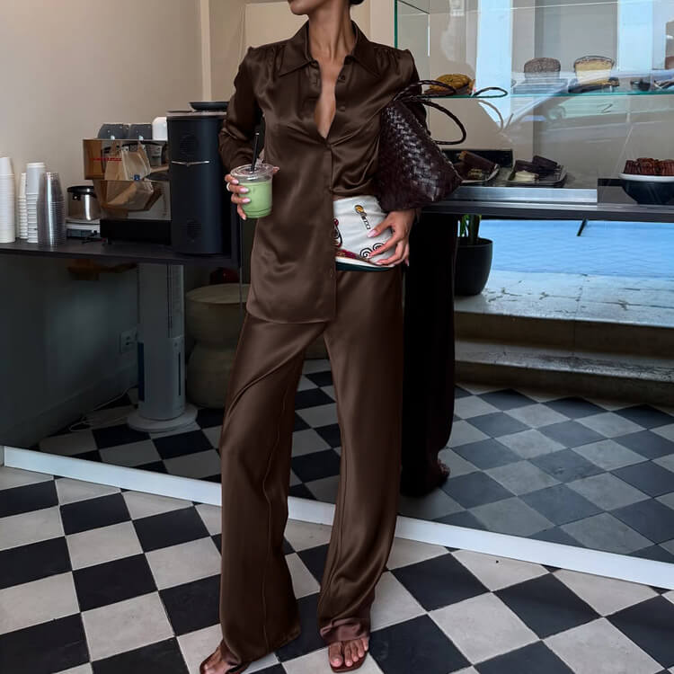 Collared Button-Front Wide-Leg Trouser Set