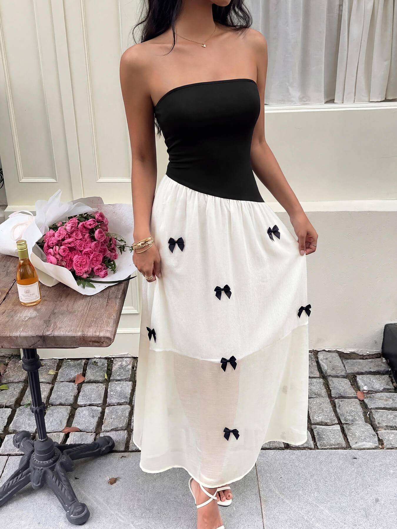 Black and White Strapless Bow Maxi Dress