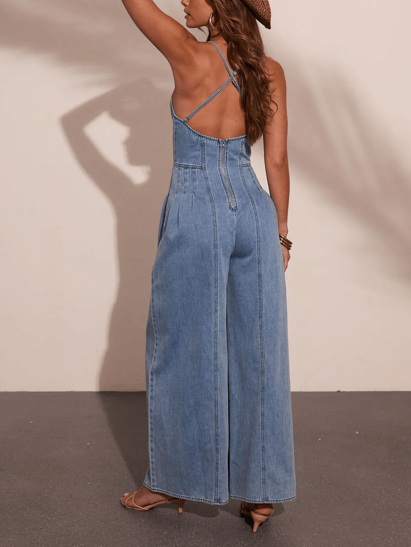 Denim Backless Wide-Leg Jumpsuit