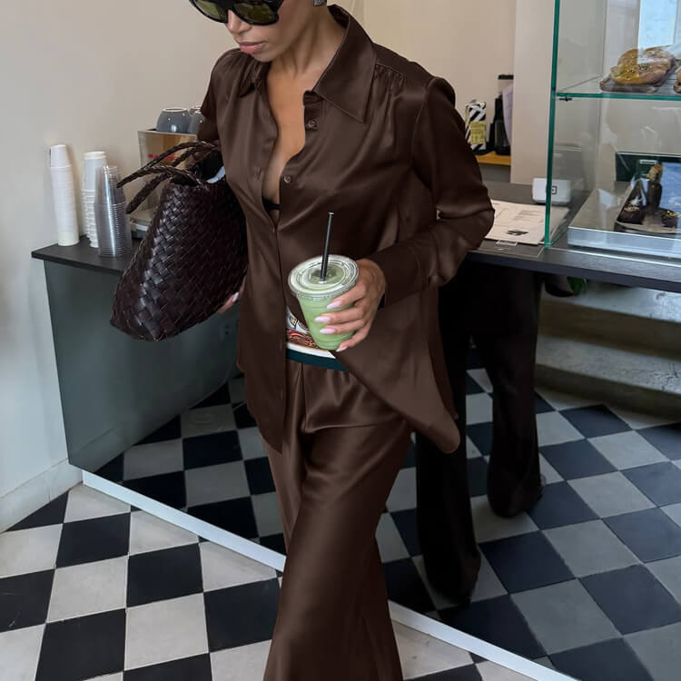 Collared Button-Front Wide-Leg Trouser Set