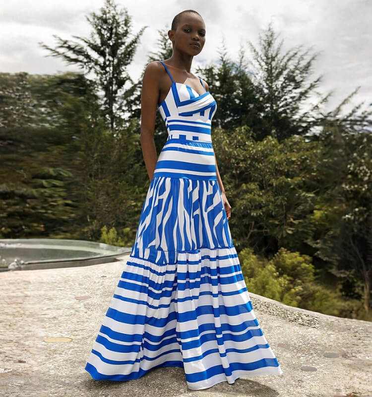 Blue & White Striped Swimsuit Skirt Set