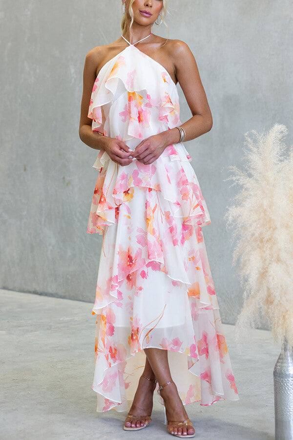Pink Floral Halter Tiered Maxi Dress