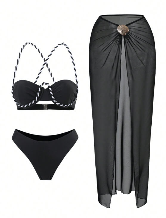 Lace-Up Three-Piece Bikini Set