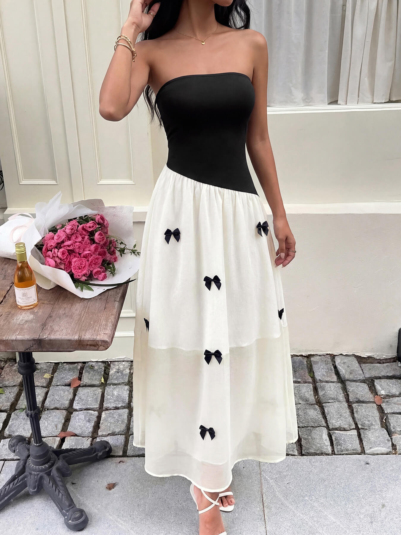 Black and White Strapless Bow Maxi Dress