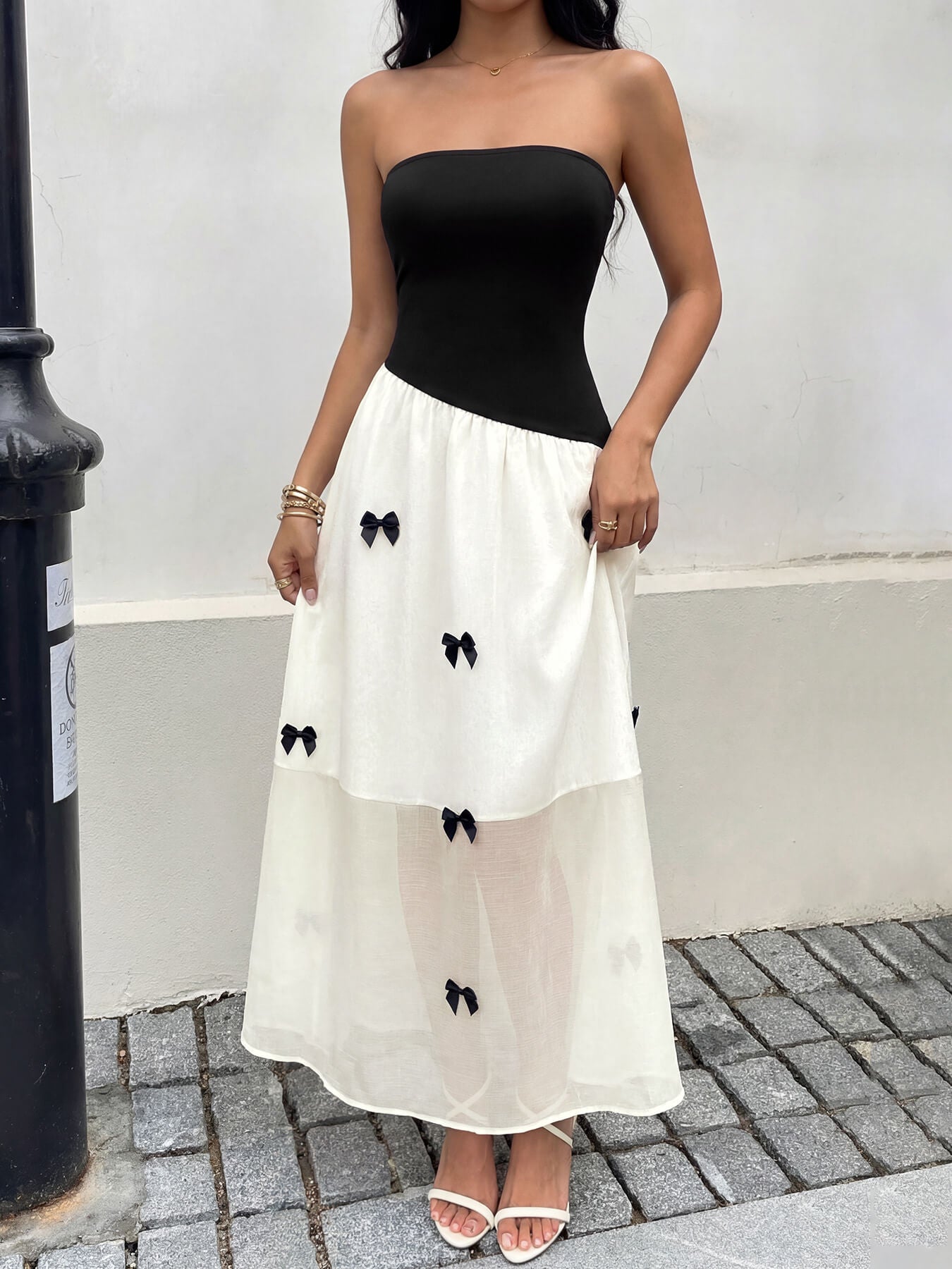 Black and White Strapless Bow Maxi Dress