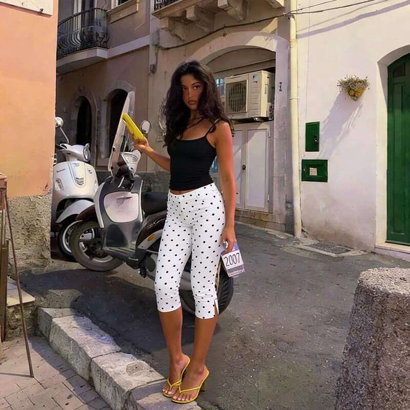 Polka Dot Split-Hem Cropped Trousers