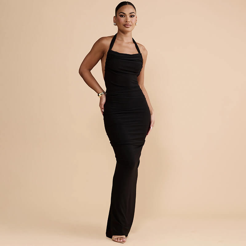 Halter Backless Ruched Maxi Dress